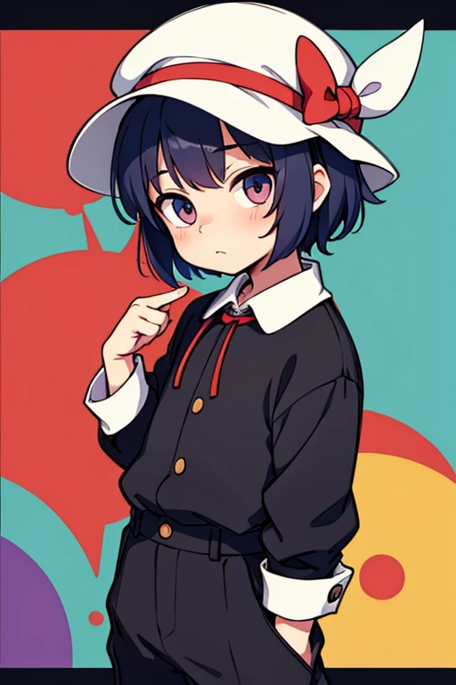 Little shota boy, cute face, short hairstyle, detailed body, normal clothes, multi-colored eyes, anxiety, small hat, modern art, best quality, nice background. 