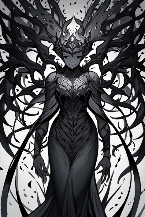  Create the image of an evil nymph , with the appearance of a beautiful adult woman,  she has the body of a serpent from the waist down, ironic smile,  light armor with dark tones , black bird wings  