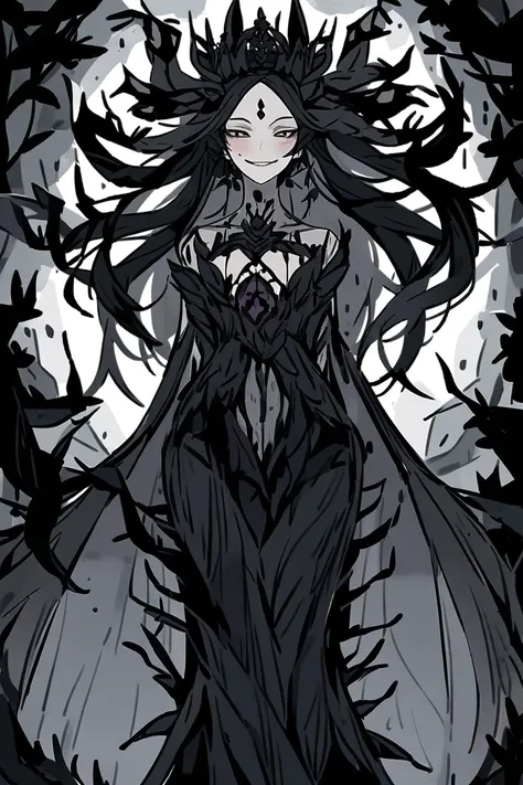  Create the image of an evil nymph , with the appearance of a beautiful adult woman,  she has the body of a serpent from the waist down, ironic smile,  light armor with dark tones , black bird wings  