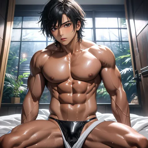 high quality, detailed, Realistic,(two  tanned japanese body builder boys:1.5), (detailed black eyes), (black short hair:1.1), (muscle:1.6), (tanned dark brown skin), night bedroom, (black tiny thong), (bulge), (detailed nipples), detailed areola,best qual...