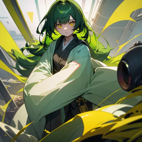 Dark-green haired girl with yellow eyes and a sick robe and is placed in an experiment room