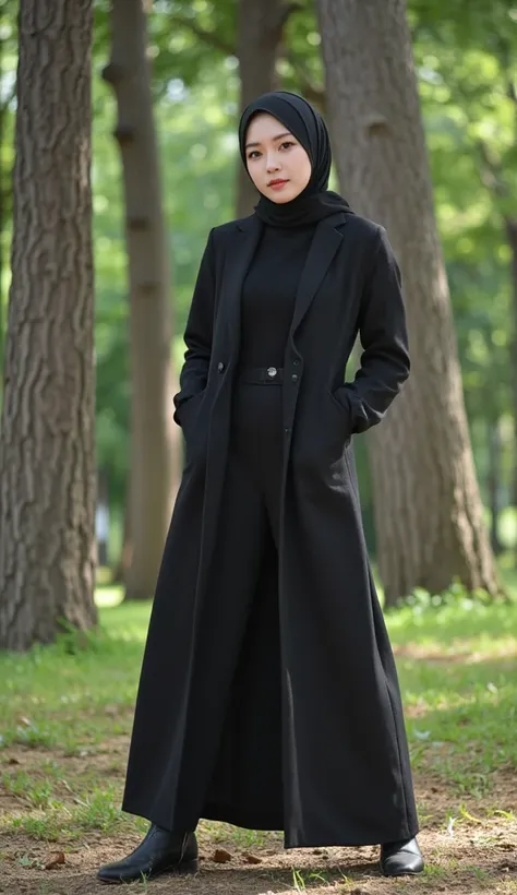 Miss Bahijab Bare Abaya Long Black Coat Bare Small Breasts and Pants Among the Trees