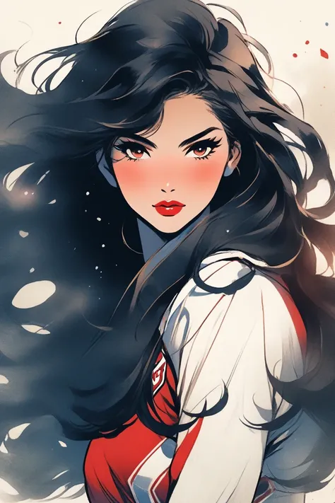    illustrator   ,  Japanese Manga   , healthy skin tone  ,  sketch ,    1 girl,Good woman   ,Red lips, Cheek、healthy、delicate,    long hair,    beautiful dark hair 、  NFL cheerleaders、 background、 TEXTURED CROP,  (masterpiece, top quality )