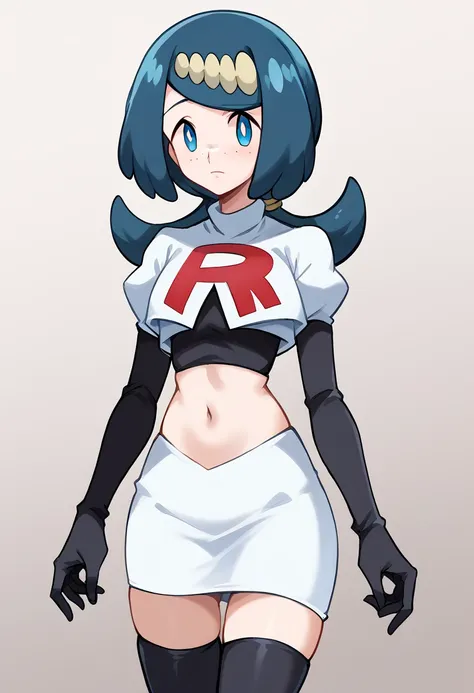 score_9, score_8_up, score_7_up, source_anime,
pokemonmotherlana, pokemonmotherlana, blue eyes, blue hair, freckles, hair ornament, long hair, swept bangs, bright pupils,
jewelry,
looking at viewer, cowboy shot, team rocket,team rocket uniform,white skirt,...