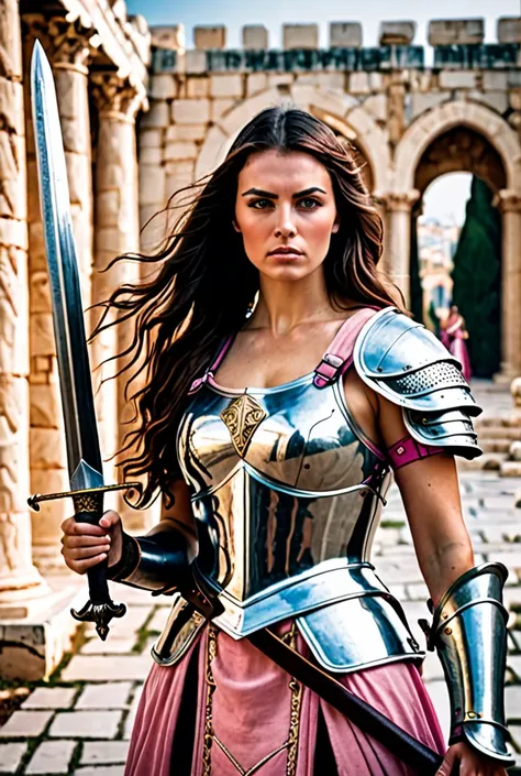 a woman, warrior, strong,  wearing the armor of Athens , presença strong, sexy, Long hair and pink ,  holding a large sword in her hands,  in a medieval war setting  