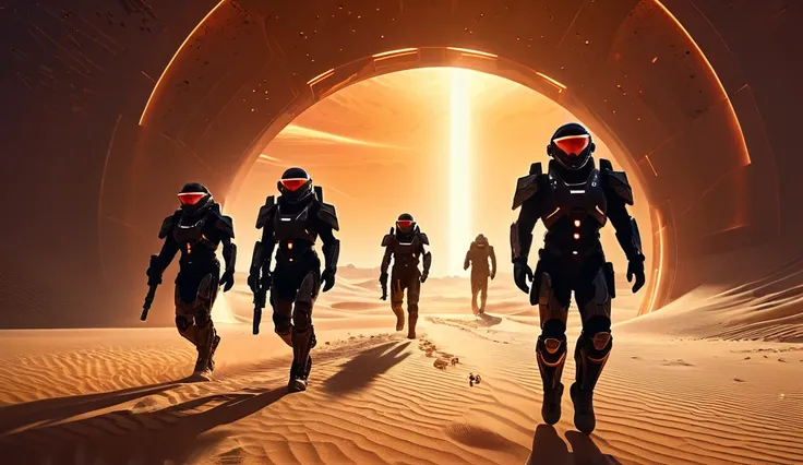 A group of heavily armed futuristic soldiers descending into a vast sandy desert within a glowing vertical beam of light, teleported from their massive spacecraft hovering above. The soldiers are clad in sleek, black armored suits with intricate details, t...