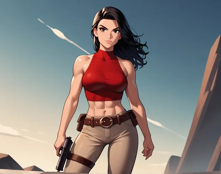 (Hannah Dundee)+++ from Cadillacs and Dinosaurs: Tall athletic female, slender waist yet buxom physique, Caucasian skin tone with a slight tan, long wavy raven-black hair, dark eyes, high cheekbones, defined jawline. Outfit: loose red sleeveless crop top t...