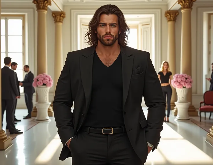 horizontal image. Full body portrait ,  realistic illustration.  realistic image, aesthetics. Attention to detail,  detailed image , luxury environment, fashion.  front focus, cinematic, vista frontal. An elegant man , high, stocky and very seductive .  He...