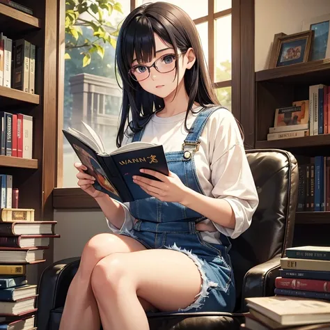 A young Thai woman with straight hair and glasses sits in a cozy corner surrounded by stacks of manga. Shes wearing a denim overalls and is engrossed in reading a colorful comic book. The background features a visually appealing array of manga with vibrant...