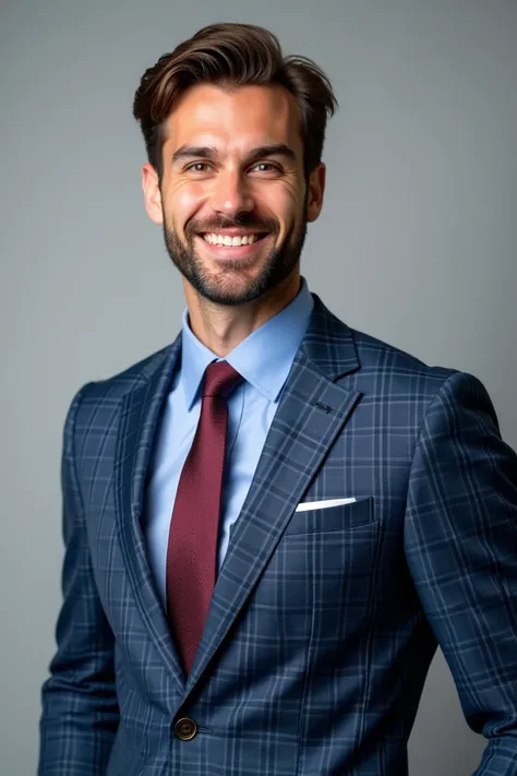 Generate real photo of a 31 year old man in a blue checkered suit wearing a light blue shirt and wine tie