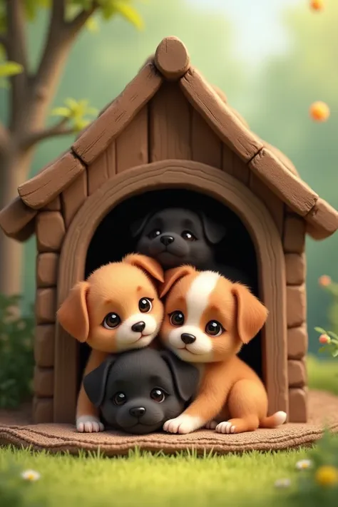 Lots of cute puppies piled on top of each other in a cute little house for puppies