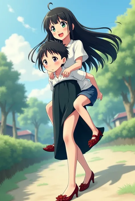 A woman with very soft black hair, a very long skirt, a tight long skirt, a shirt and high heels, a  boy riding the woman, and the boy is piggyback the womans . Japanese anime style