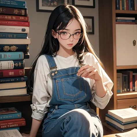 A young Thai woman with straight hair and glasses sits in a cozy corner surrounded by stacks of manga. Shes wearing a denim overalls and is engrossed in reading a colorful comic book. The background features a visually appealing array of manga with vibrant...