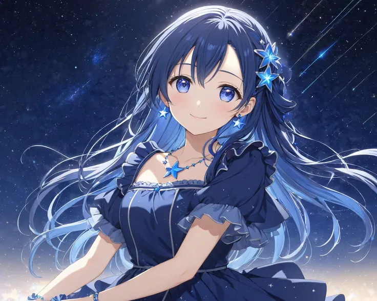 Beautiful older sister healing idol cowboy shot anime, shiny dark blue hair, long hair tied on the side, blue star hair ornament, long forehead, long gaze, calm atmosphere, gentle, shy smile, blue star necklace, blue star bracelet, blue star earrings, sky ...