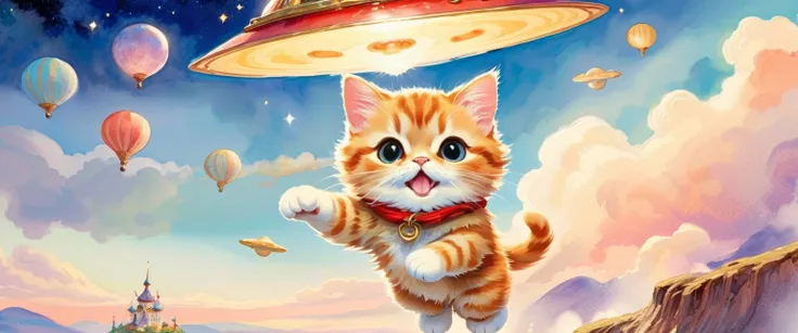 ((Playing cat)),dance, raise your hand, jump,  open your mouth,Adamsky-type UFO is flying,masterpiece, top quality , fluffy cat ,little, cute, Futebutesi ,fun, happy,,Refined Scenery ,  glitter effect ,celebration, anatomically correct, have a nice view ,最...