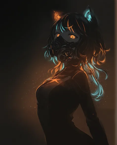 (limited palette:1.2), black background, colorful, (vibrant, glowing outline, neon hair, blacklight:1.2), looking at viewer, (side view:0.1), masterpiece, best quality, absurdres, very aesthetic, gas mask, orange eye