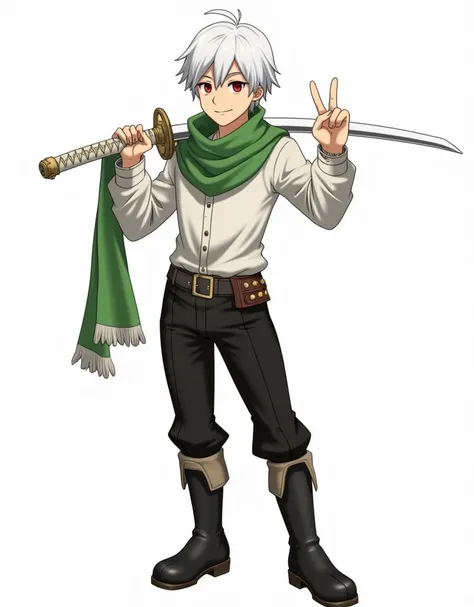 A young man of about 30 years old, without a beard, highlighting his red eyes and completely white hair, along with a green scarf, white shirt and black pants with boots of the same color. He is tall, I want you to draw him standing and with a white katana...