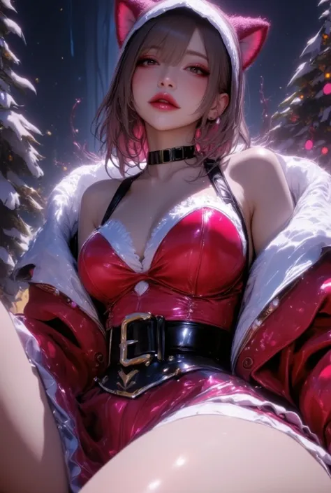 Cat ears、Miniskirt Santa Outfit、  attractive,desire, Obscene, Mature Woman, Captivating body lines , ((  fine facial features ,   open your mouth, eroticism)),  dramatic lighting  ,  realistic , 8k, Cinematic Composition , dark moody vibe ,  Dramatic Shado...