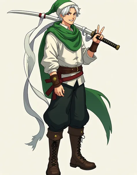 A young man in his 30s, beardless, with red eyes and completely white hair, along with a green scarf, white shirt and black pants with boots of the same color. He is tall, I want you to make him standing with a white katana on his shoulder, this same sword...