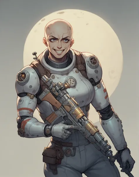 futuristic background, space, holding futuristic gun, steampunk, astronaut, dark, dark theme, strong character, woman, barren world in background, barren planet, smile without teeth, character, female, bald, muscle, cybernetic metal part on side of head