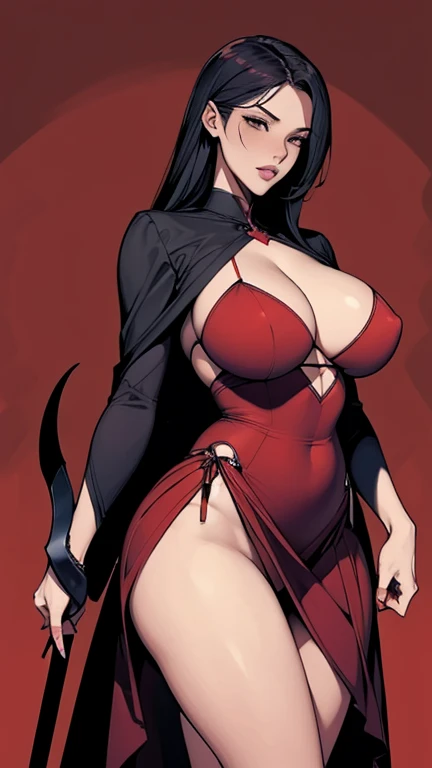 a reaper, dark woman, sexy, attractive,  huge breasts , wears a red dress,  Tomarara style to fall , V-shaped opening on the front ,  leaving her legs showing ,  and her exposed black panties ,  she holds a large sickle in the shape of a full crescent,  th...