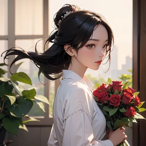 An asian woman holding a rose and put it on her back tied hair.