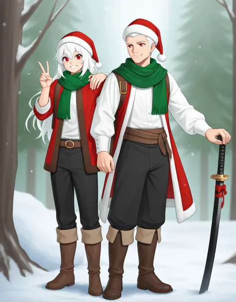 A young man in his 30s, beardless, with red eyes and completely white hair, along with a green scarf, white shirt and black pants with boots of the same color. He is tall, I want you to make him standing with a white katana on his shoulder, this same sword...