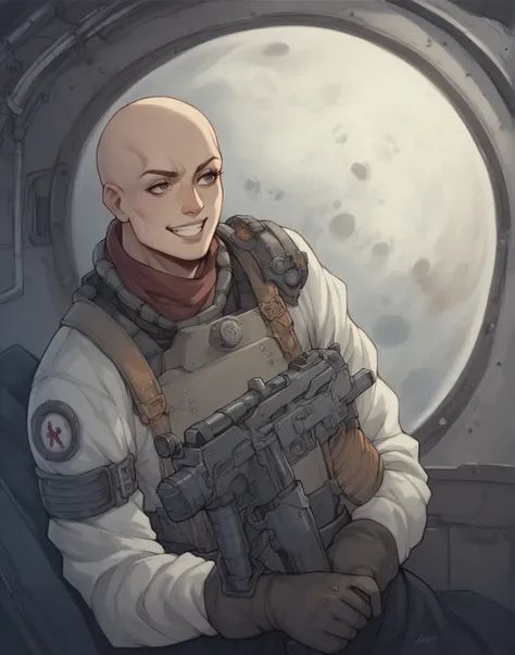 
futuristic background, space, holding futuristic gun, steampunk, astronaut, dark, dark theme, strong character, woman, barren world in background, barren planet, smile without teeth, character, female, bald, muscle, cybernetic metal part on side of head, ...