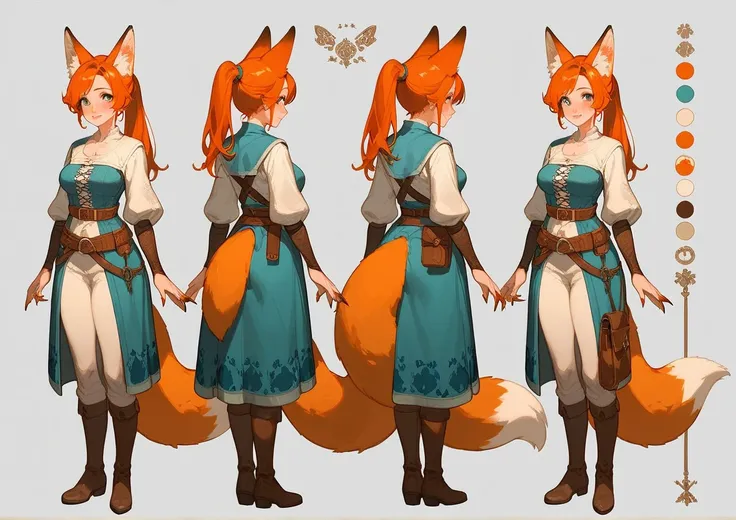 full body, all view, core_9, score_8_up, score_7_up, ((milf)), 1girl, orange hair, ((poses)), medium breasts, ((hands)), fox ears, long nails, tail, sexy body, ponytail, cute, medieval clothing, belt, bag, blush, concept art, fable, pattern, fairy tale, 
