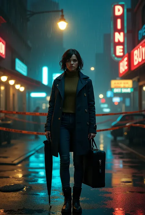 A woman in a turtleneck sweater, olive green or brown. She is wearing a coat over it. She is wearing jeans and boots. She is standing under a glowing lantern. It is night and it is raining very heavily. The woman is standing in front of barrier tape, in fr...