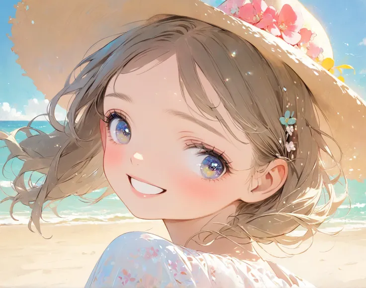 Pastel Art Illustration：portrait of a girl, happy face, natural pose, beach