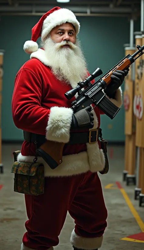 Santa Claus holding a rifle at a shooting club.