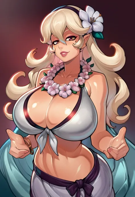 score_9, score_8_up, score_7_up, source_anime, mousepad (medium), upper body,solo, 1girl, sumCor, smile, looking at viewer, black hairband, hair flower, flower necklace, bracelet, white bikini, breasts,reiq art style massive breasts,massive deep cleavage,f...