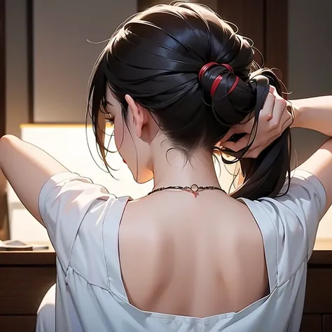 An asian woman is tieing her back hair on her owned.