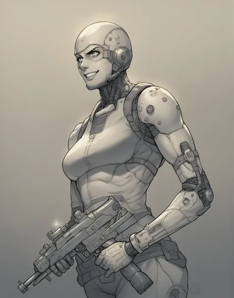 futuristic background, space, holding futuristic gun, steampunk, astronaut, dark, dark theme, strong character, woman, barren world in background, barren planet, smile without teeth, character, female, bald, muscle, cybernetic metal part on side of head, s...