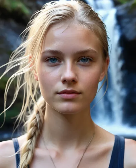 Portrait of a Norwegian beautiful teenager, standing under a  slow running waterfall, small breasts, soft smile, natural lips, long blonde hair with shaved sides , blue-grey eyes, realism, digital painting, concept art, smooth, sharp focus, rule of thirds,...