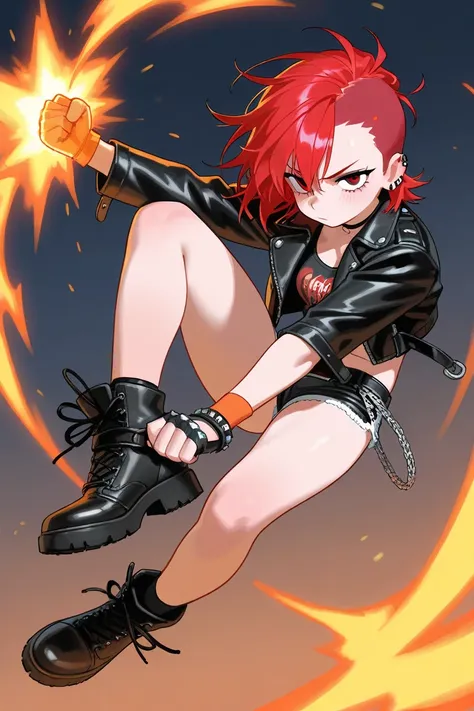 original character,  full body art, red hair punk girl, brawler, mini shorts, sidecut hair, leather jacket, thicc girl