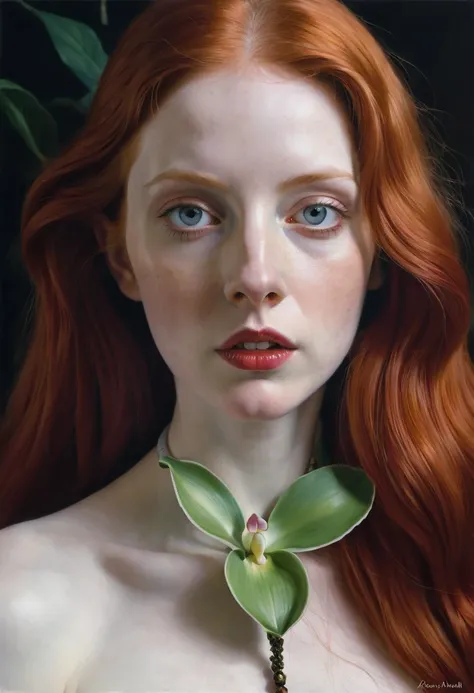 
arafed woman with long red hair and a choke on her neck, a hyperrealistic painting by Elena Guro, reddit, surrealism, young beautiful amouranth, amouranth, extremely pale white skin, she is facing the camera, better known as amouranth, 2 female model, her...