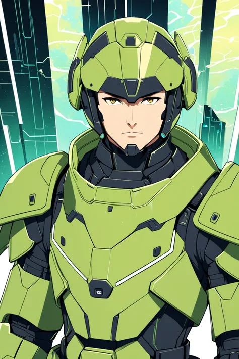 A male human officer, with a muscular build. He is wearing a combat helmet with antennas on ears. He is wearing a simple but bulky knight armor in a greenish color with minimalist futuristic details, featuring big epaulets colored yellow. The style is futu...