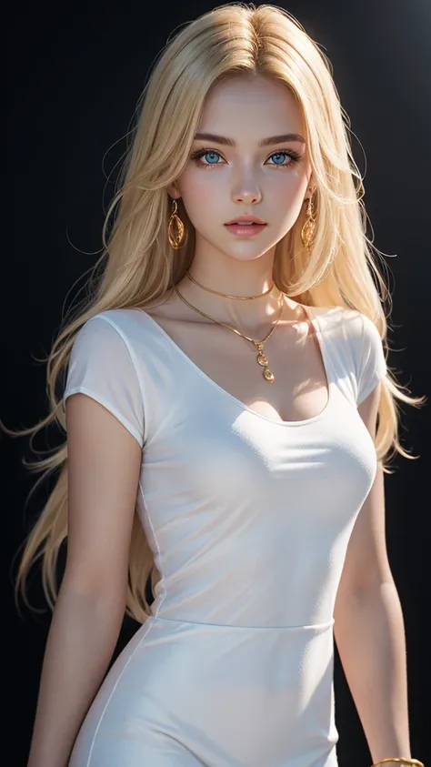 RAW, professional photograph, medium shot, photorealistic, hyper-realistic, ray tracing, super detail, UHD, 8k, female, twenty years old, athletic body, soft facial features, blonde hair, long hair, straight hair, blue eyes, pink lips, white dress with gol...