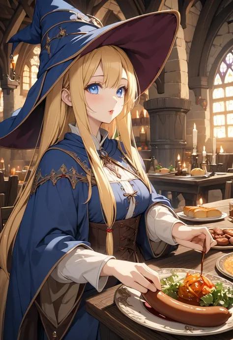 A girl with long blonde twin-tailed hair, blue eyes, and a slim figure wearing a thick mages robe and a witchs hat, eating a Wiener sausage in a medieval dining hall, (best quality,4k,8k,highres,masterpiece:1.2),ultra-detailed,anime style,game CG,pixiv con...