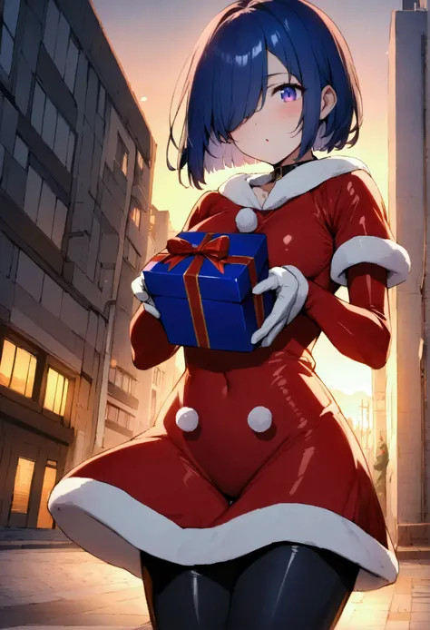 (masterpiece),(absurdres),(anime)、(santa costume:1.2)、( Christmas),cowboy shot, solo girl ,(19-year-old),slender:0.8,(shiny ultramarine hair),straight hair,(short bobcut:1.1),( ultramarine eyes),(hair covering one eye:1.1),(middle breast:0.5)、(Battlesuit)、...