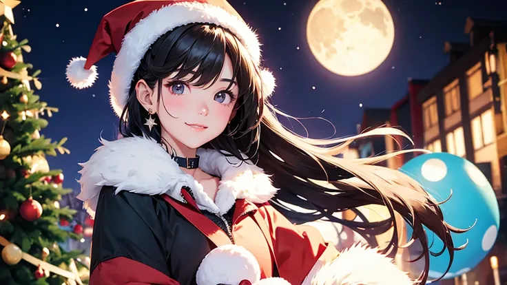  Dark Hair 、  Collar on Neck  、  Dark Hair短 、 [girl、 sunglasses 、( Full Body Photo ) 一個耳朵上有星星穿孔的girl 、 Christmas Decorate Christmas Tree  、  Wearing a Glowing Christmas Hat  、 Christmasツリーが見える、 rainbowの帽子で 、 Decorate Christmas Tree  、 Christmas、 、 Smile、 M...