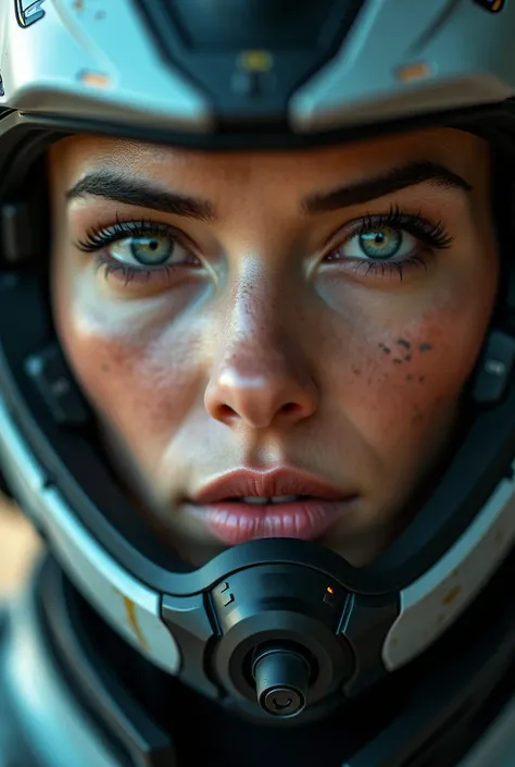 Close-up portrait of a determined female future warrior, her face radiating unwavering courage and inner strength. Her intense eyes reflect fierce determination, with subtle battle scars enhancing her experienced look. She wears a sleek, advanced combat he...