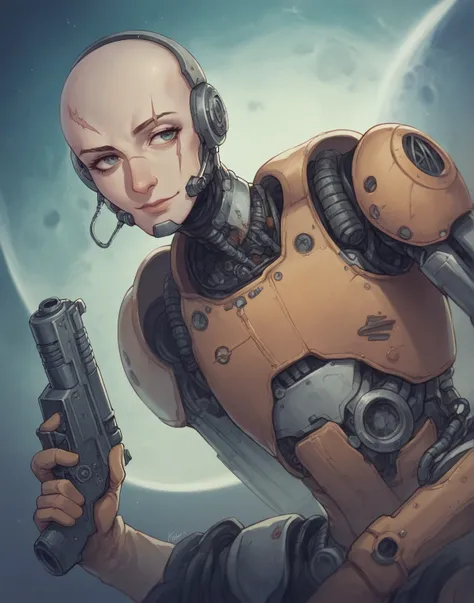 futuristic background, space, holding futuristic gun, steampunk, astronaut, dark, dark theme, strong character, woman, barren world in background, barren planet, slight smile, character, female, bald, cybernetic metal part on side of head, strong, scar on ...