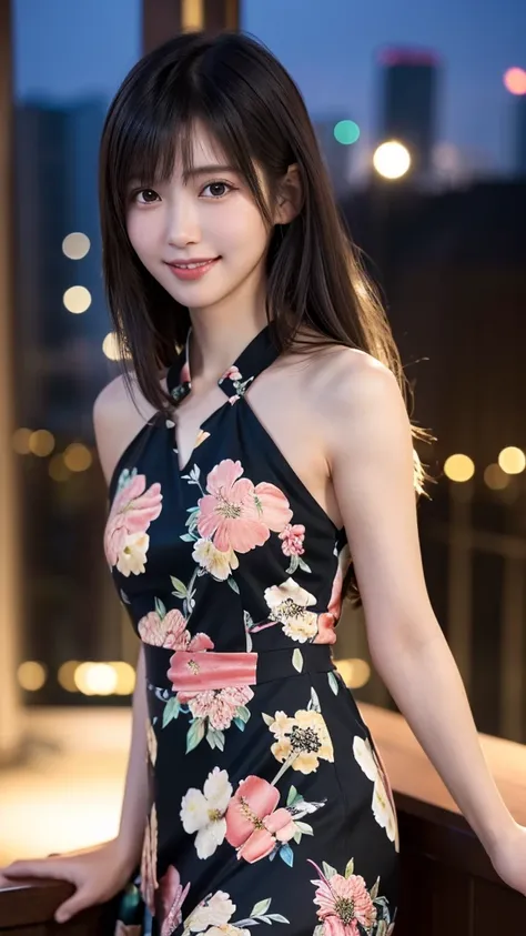 1 Japanese girl,(Floral dress:1.4), (RAW Photos, highest quality), (Realistic, Photorealistic:1.4), Tabletop, Very delicate and beautiful, Very detailed, 8k wallpaper, wonderful, In detail, Very detailedなCG Unity, High resolution, Soft Light, Beautifully d...