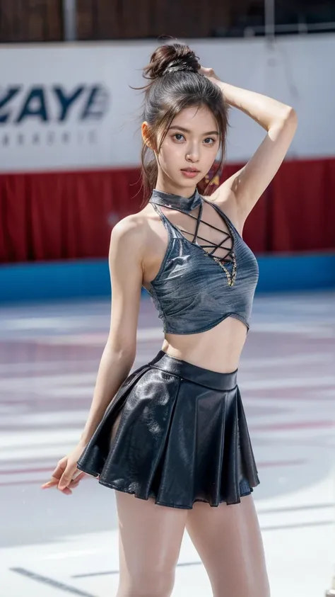 (8k, best quality:1.3), (extremely detailed:1.2), perfect anatomy, beautiful Japanese woman, 18 years old, healthy thighs, beautiful legs, beautiful skin, random hair color, random hairstyle, large breasts, (she is standing:1.2), female figure skater, figu...