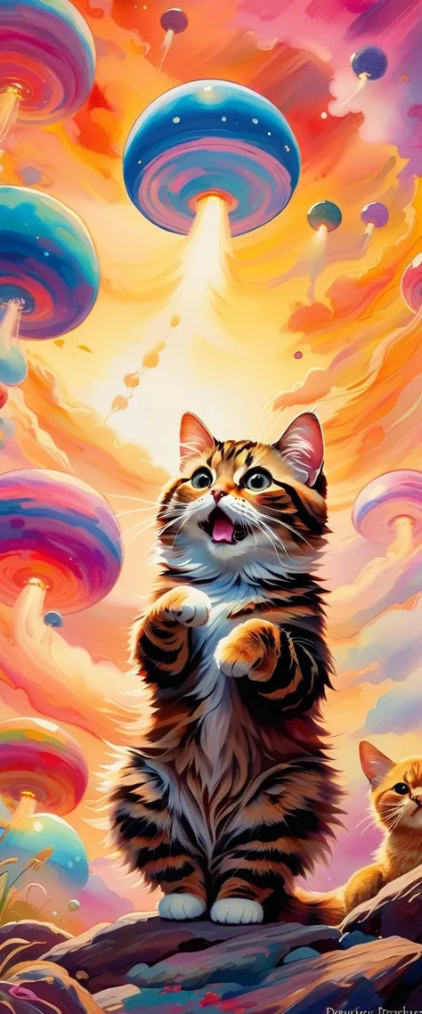 ((Playing cat)),dance, raise your hand,  open your mouth,Adamsky-type UFO is flying,UFO come come dance, masterpiece, top quality , fluffy cat ,little, cute, Futebutesi ,fun, happy,,Refined Scenery ,  glitter effect ,celebration, anatomically correct, have...