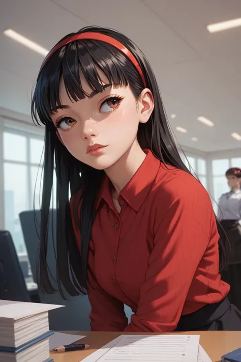 Black hair, brown eyes, pale, girl, yukiko amagi, close up on face, looking away, office, red knitted shirt, black skirt