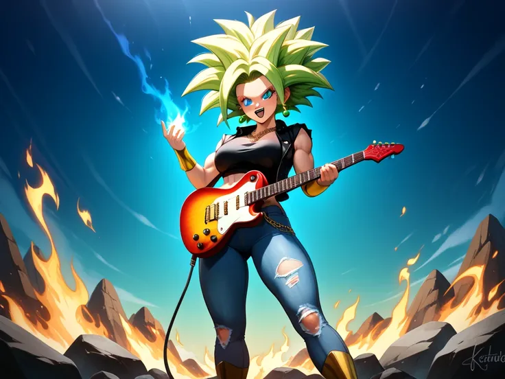 (Black line work )),  detailed line work ,  slender abs, (( masterpiece)), ((Golden ratio)), ((dynamic)), ((natural)) (( The best quality )), (( ultra detailed )), ((kefla dragon ball super)), {1 woman}, {Neon blue hair}, { super saiyan style}, { Dragon Ba...